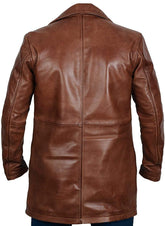 Men's Distressed Waxed Brown Lightweight Long Length Leather Overcoat for Men - Men's 3/4 Length Leather Carcoat in Tan Brown Colour - MNCLeather